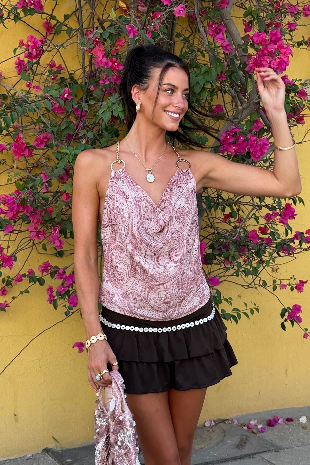 Printed Halter Chain Cowl Neck Top - Polyester