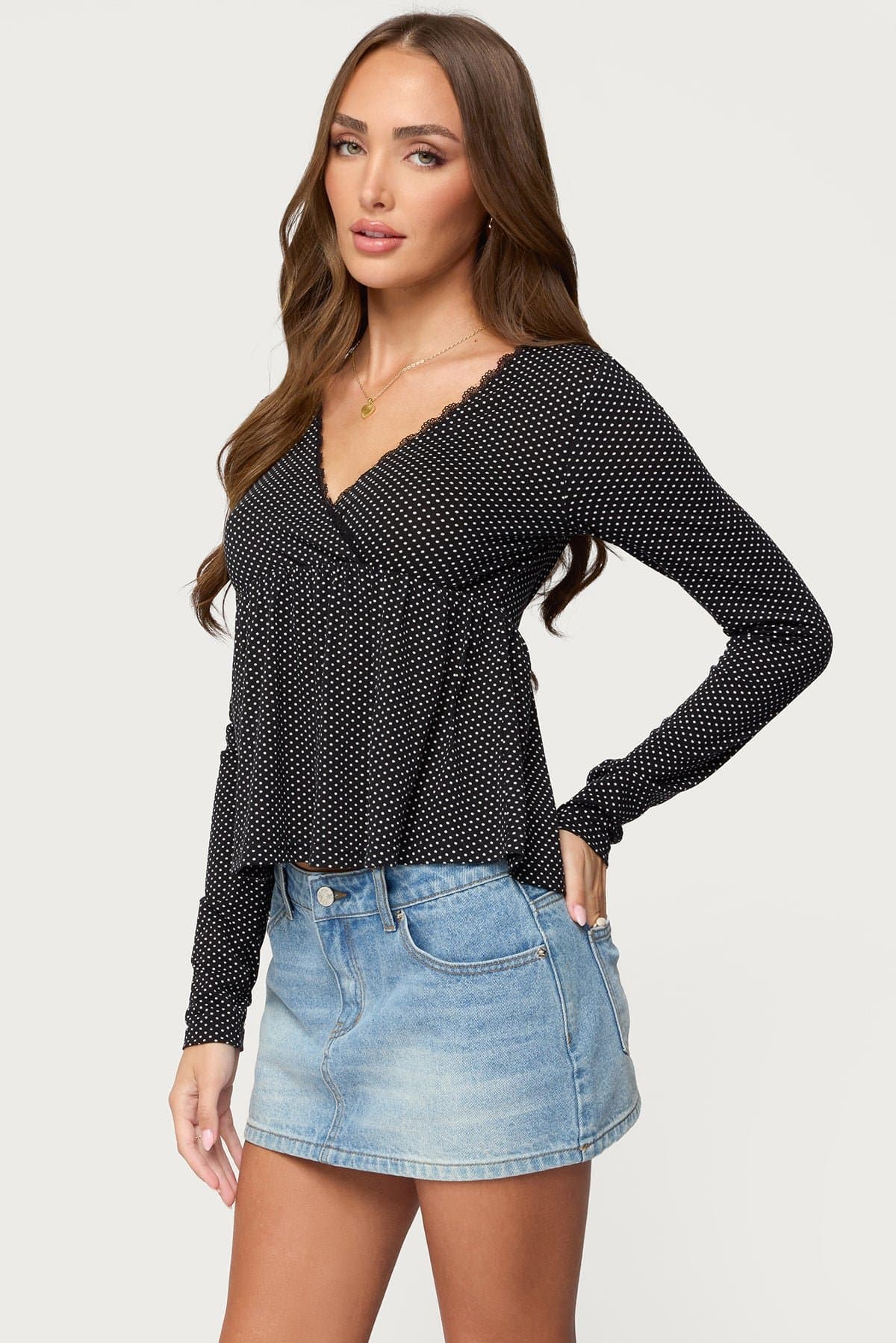 Kenzie Long Sleeve Babydoll Top V-Neck Polka Dot Print Polyester Spandex