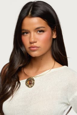 Textured Round Pendant Stone Necklace Choker Gold Tone Adjustable 7.5 Inch