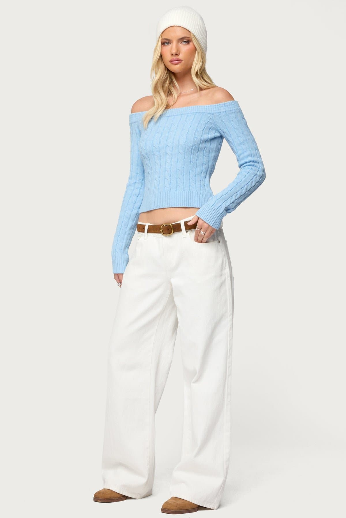 Taniza Off Shoulder Cable Knit Sweater - Rayon Polyester Spandex