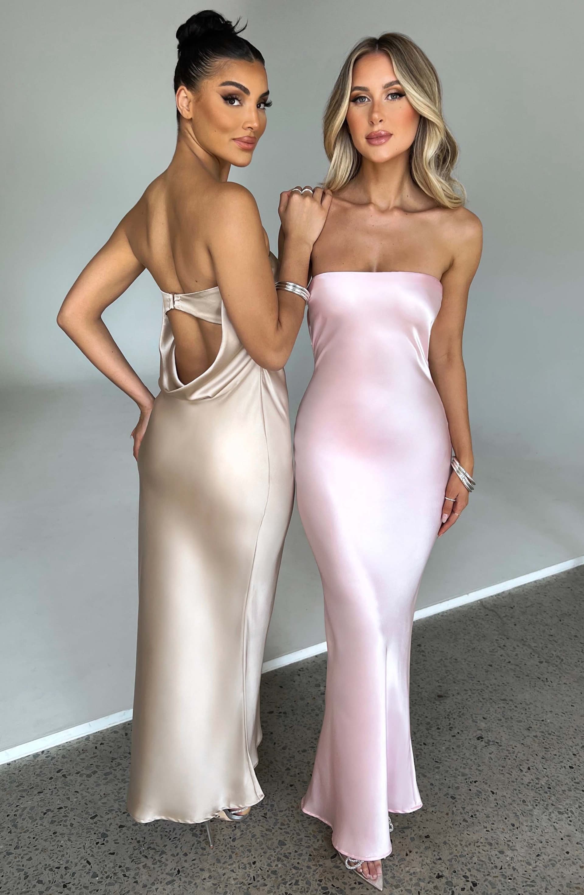 Rheanna Maxi Dress in Blush - Satin Bias Cut with Cowl Back