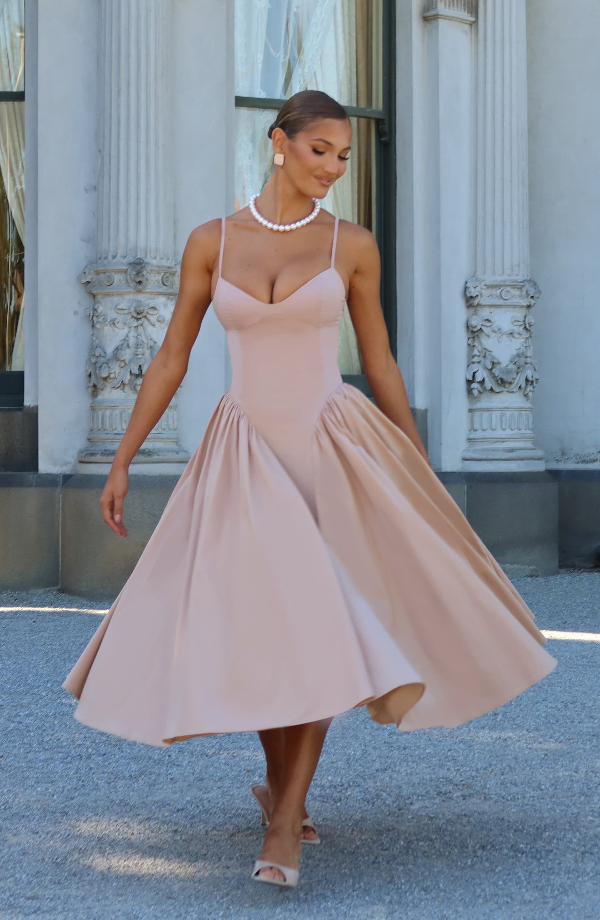 Emerson Midi Dress in Clay - Sweetheart Neckline Lace-Up Back Dropped Waist