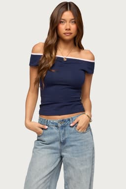 Dellah Contrast Off Shoulder Top with Center Ruching and Binding Cotton Spandex
