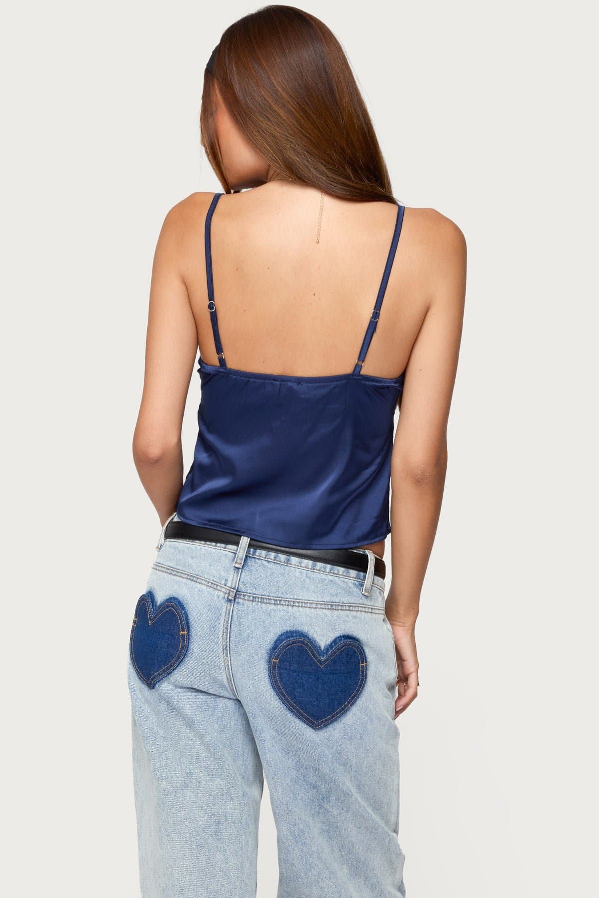 Tamar Satin Effect Tank Top with Adjustable Straps and Sheer Lace Detailing