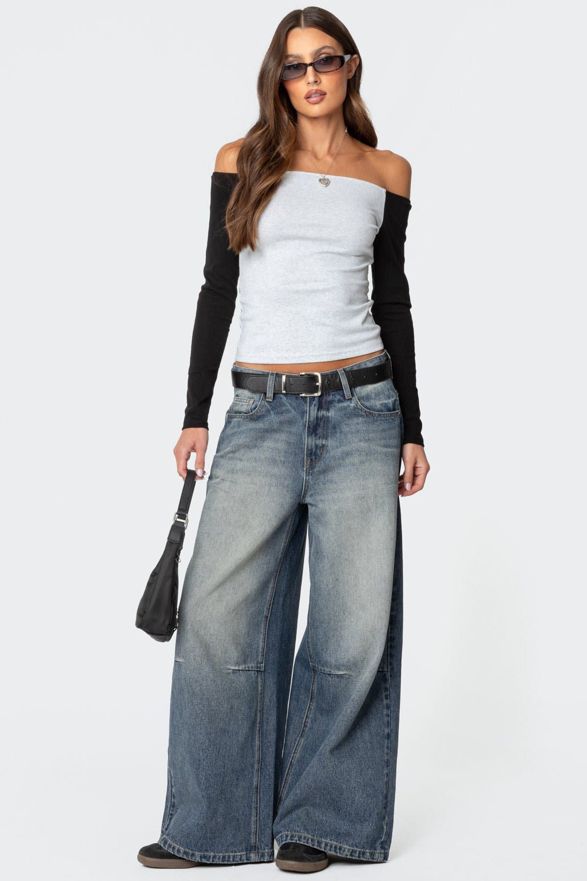 Contrast Off Shoulder Long Sleeve Top - Cotton Spandex