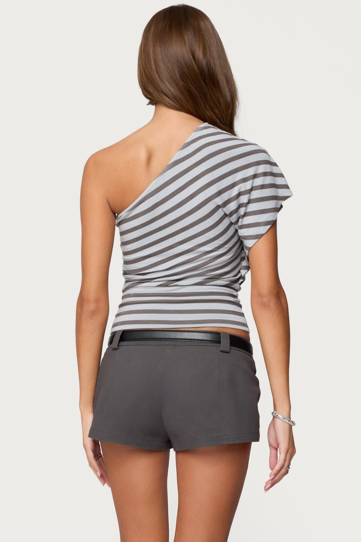 Asymmetric Striped One Shoulder Top - Rayon Spandex Fitted Hem