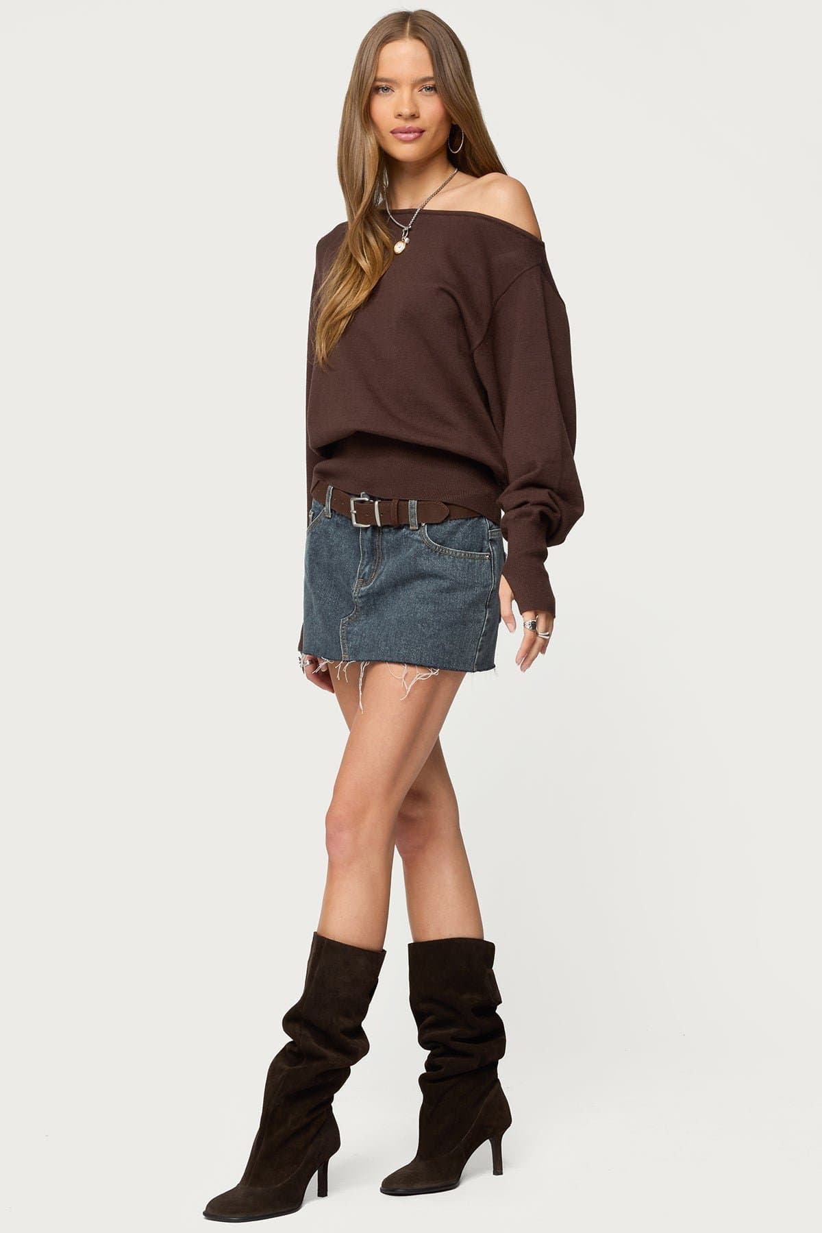 Off Shoulder Oversized Acrylic Sweater with Thumb Holes - Elastic Hem & Cuffs