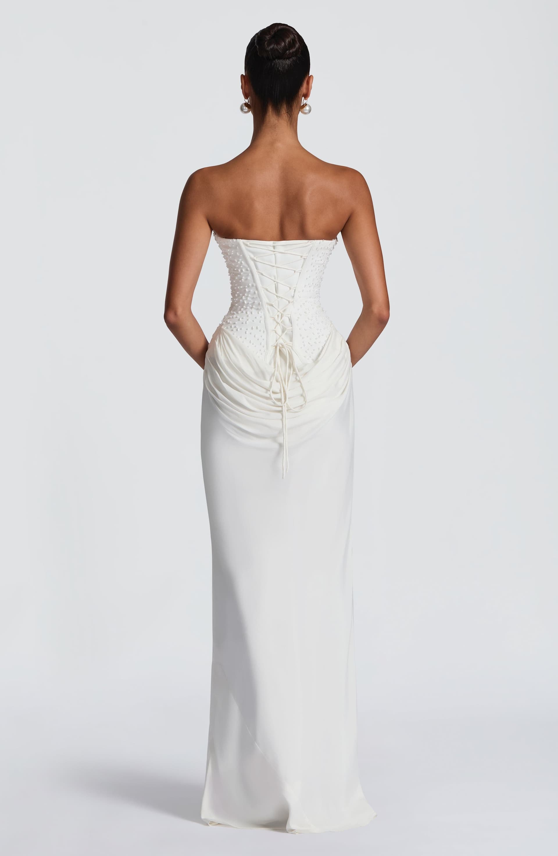Tindra Maxi Dress Ivory - Pearl Embellished Crepe Bodice Cupro Skirt Strapless