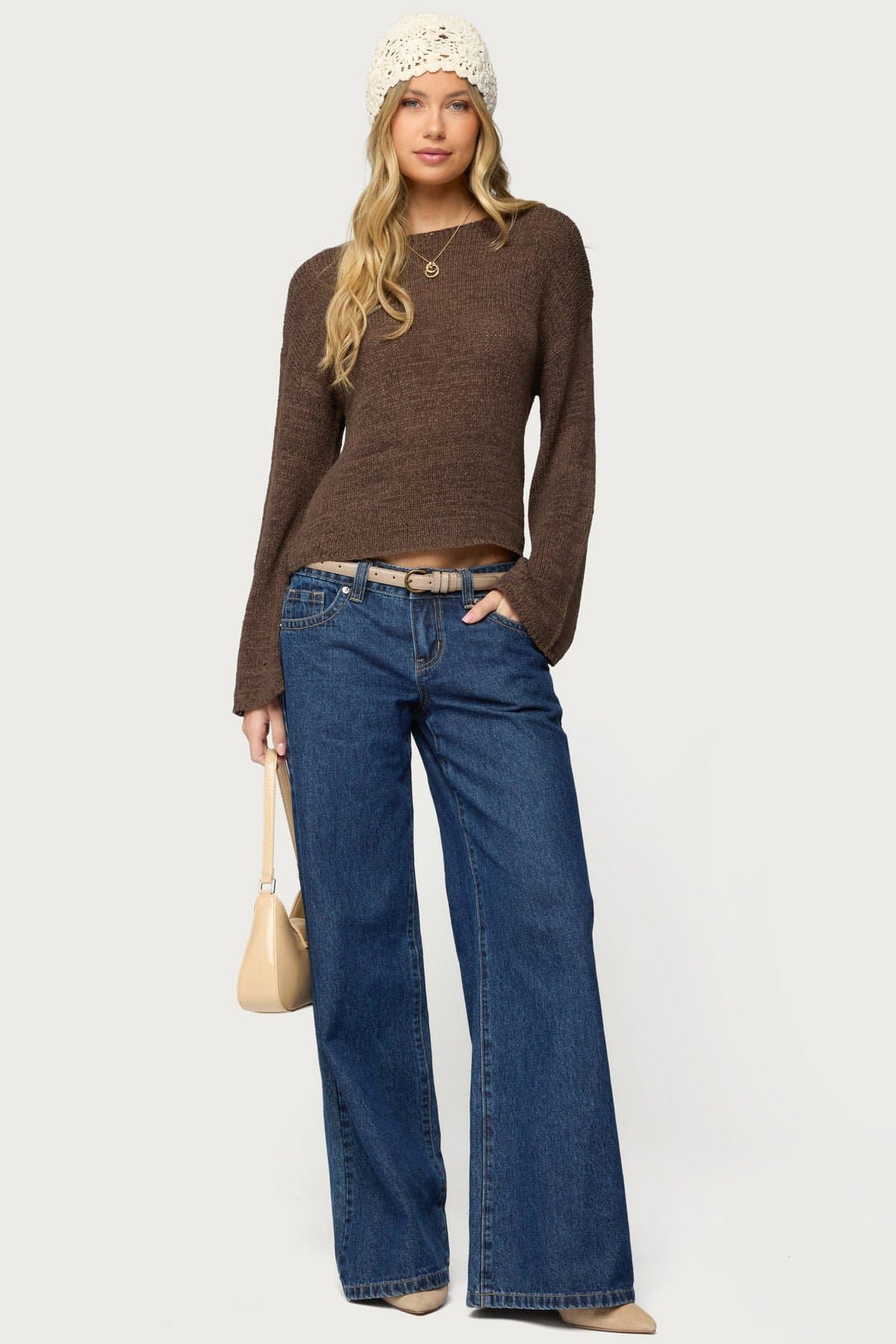 Drop Shoulder Light Knit Sweater - Relaxed Fit Polyester Rayon