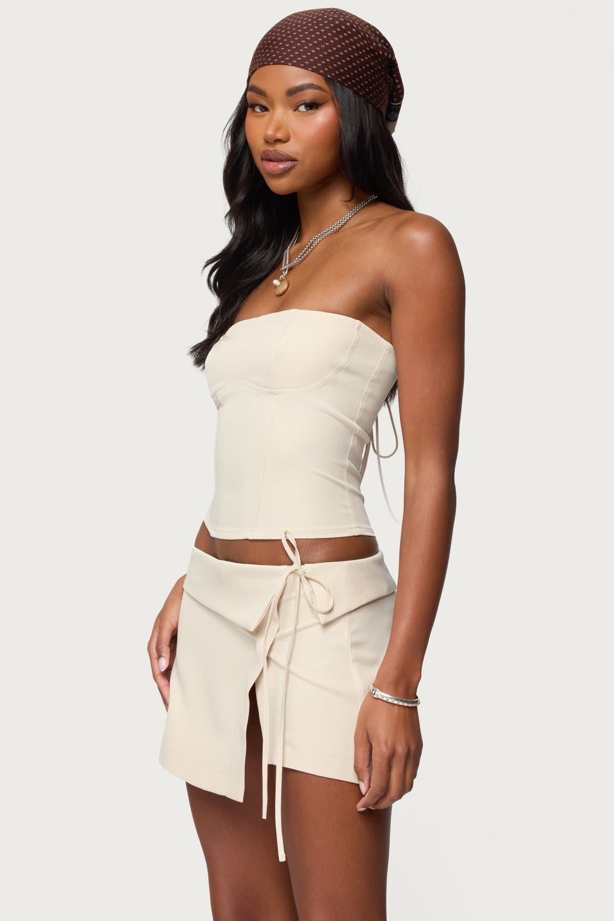 Selena Lace Up Corset Strapless Polyester Rayon Spandex Matching Set