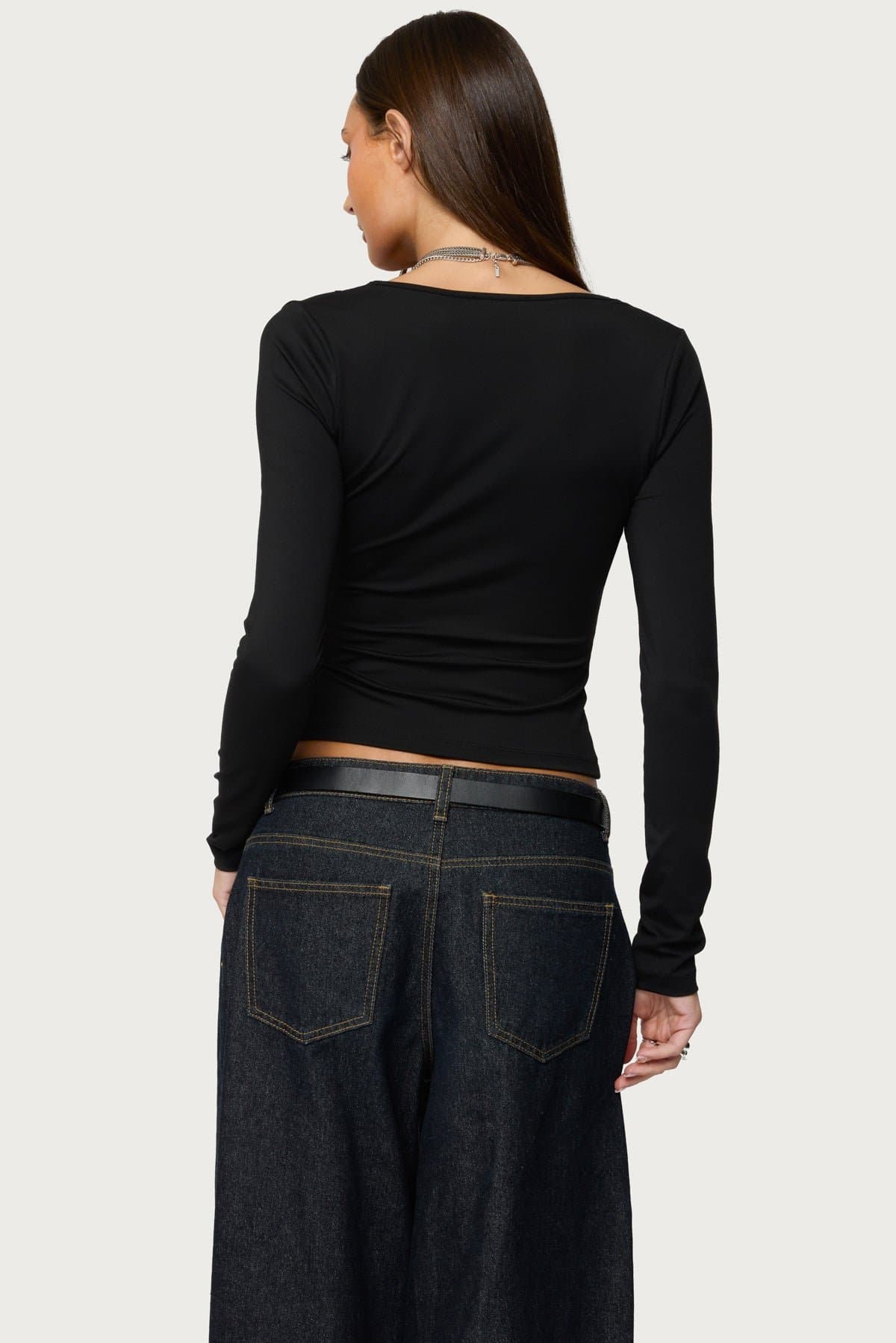 Zeya Lacey Keyhole Top - Long Sleeve Square Neck Lace Trim Polyester Spandex