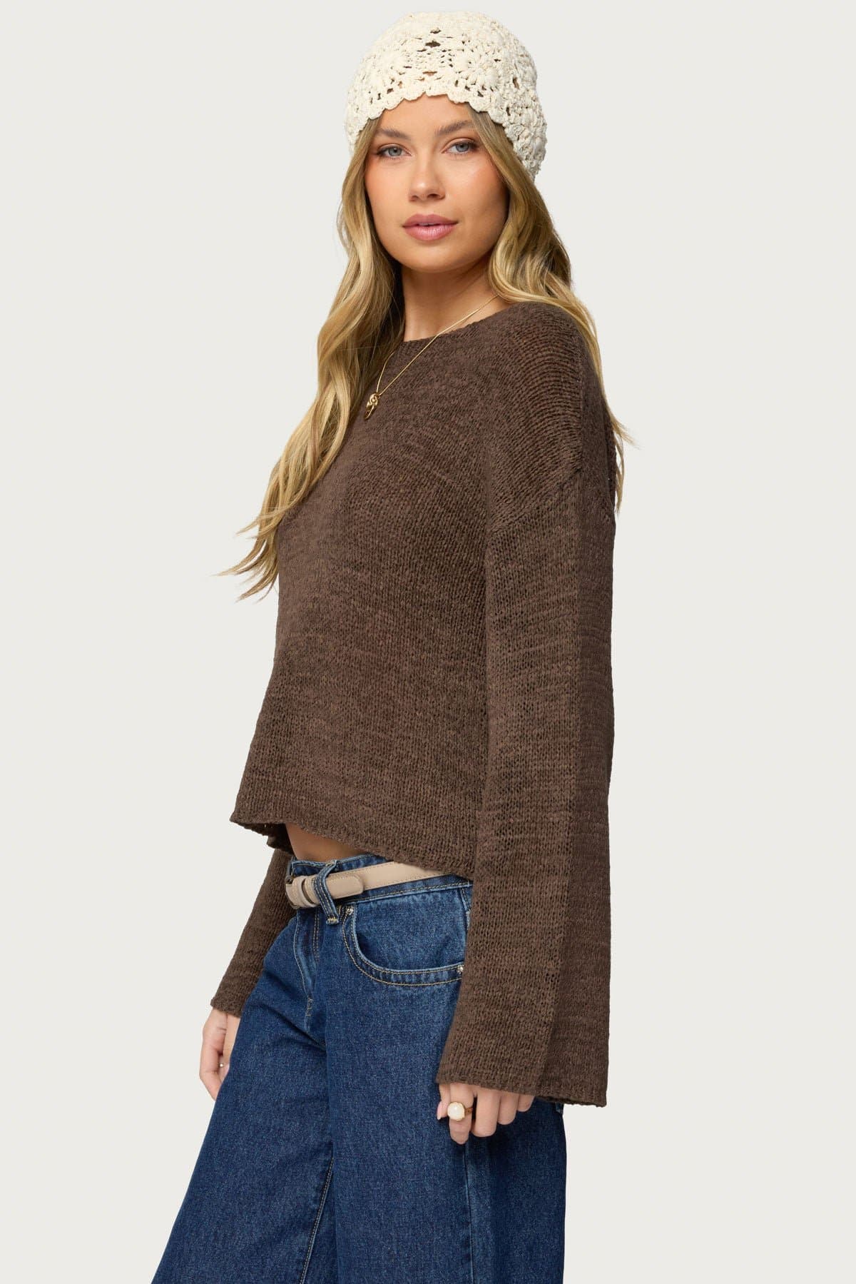 Drop Shoulder Light Knit Sweater - Relaxed Fit Polyester Rayon
