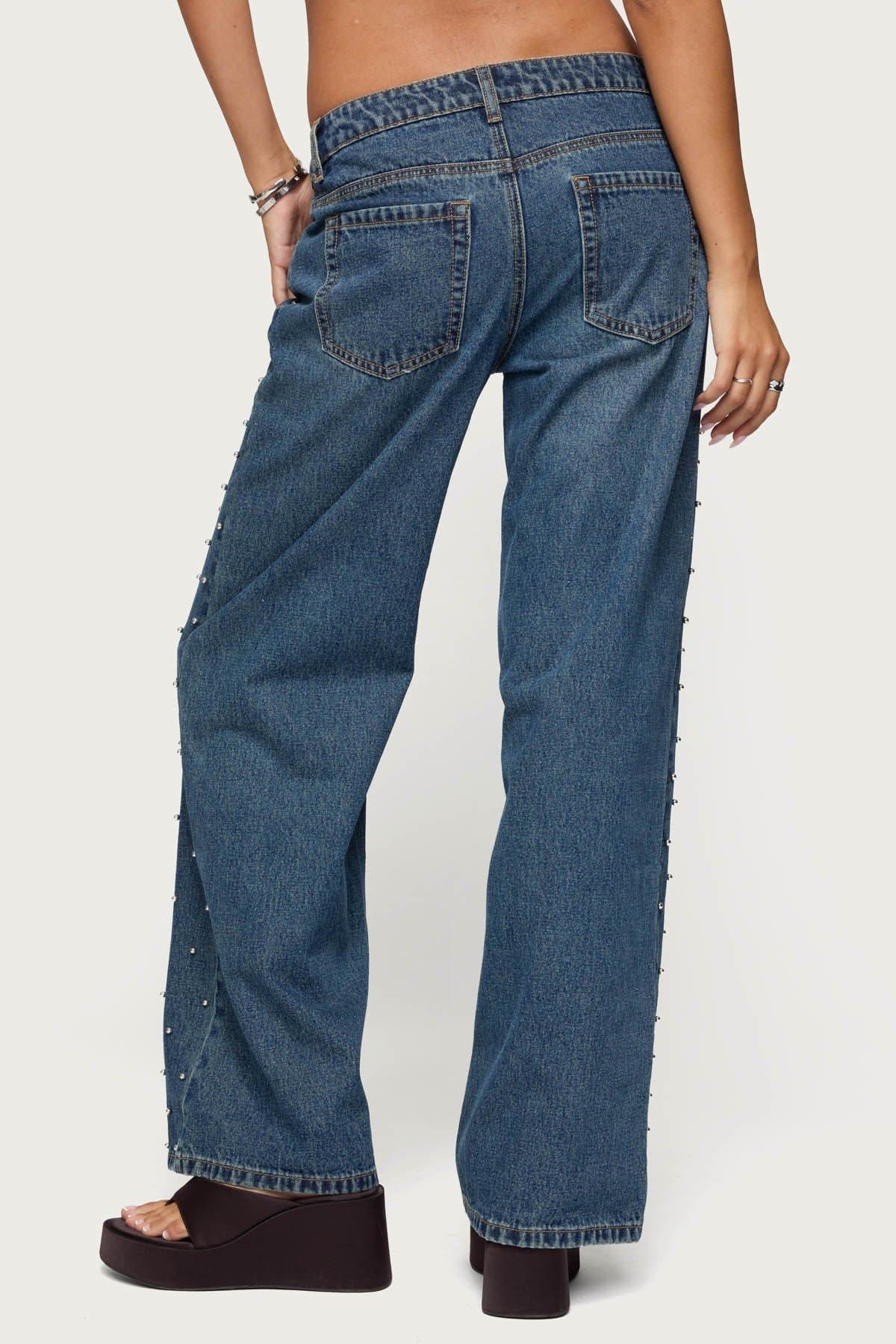 Esmay Studded Low Rise Baggy Jeans - Rigid 100% Cotton Denim, Size S Inseam 31.5in