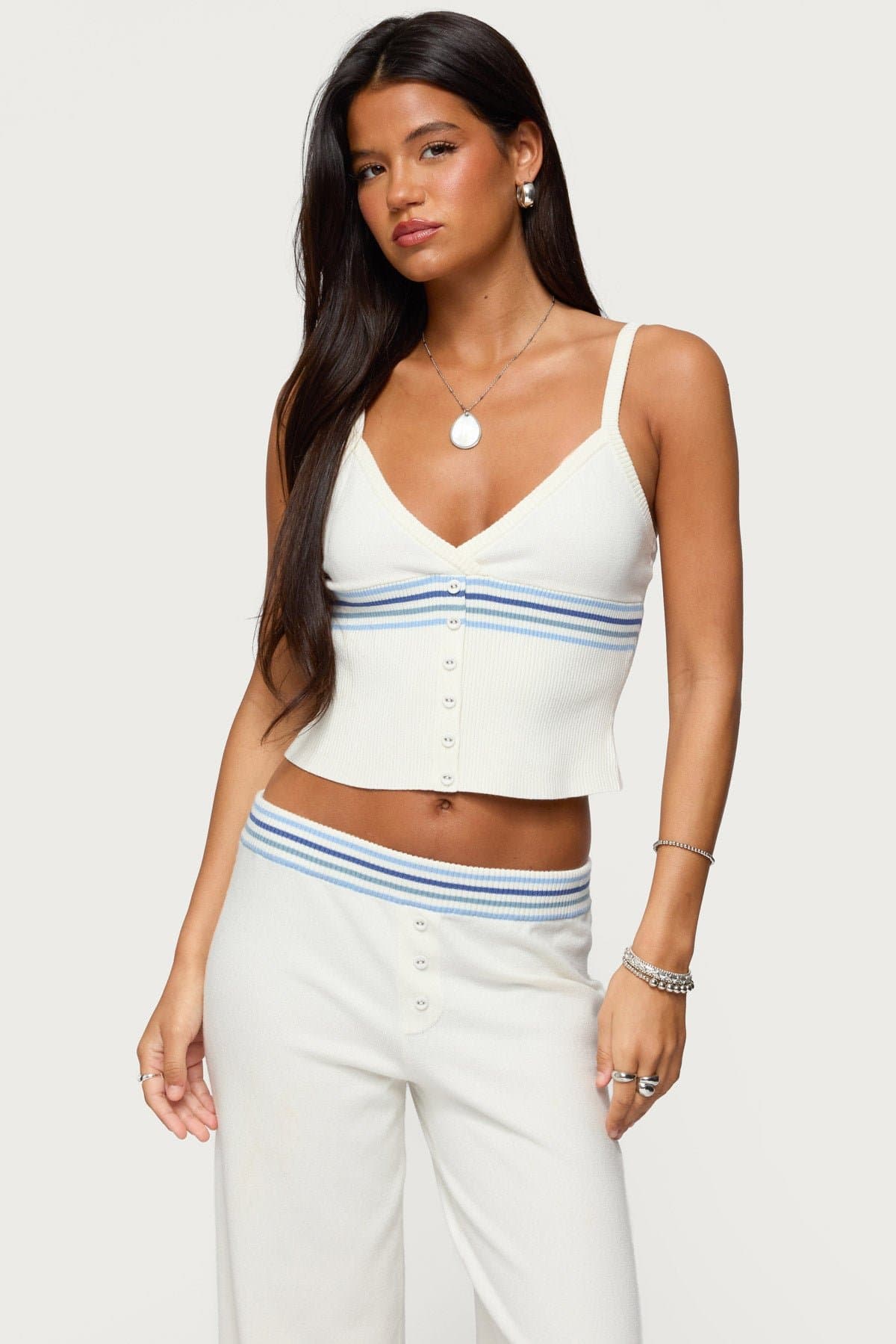 Miya Stripey Ribbed Knit Tank Top with Adjustable Straps V-Neck Rayon Polyester Nylon