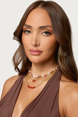 Pearly Beaded Layered Necklace - Gold Tone Metal Pearl Bead Detail 15 Inch