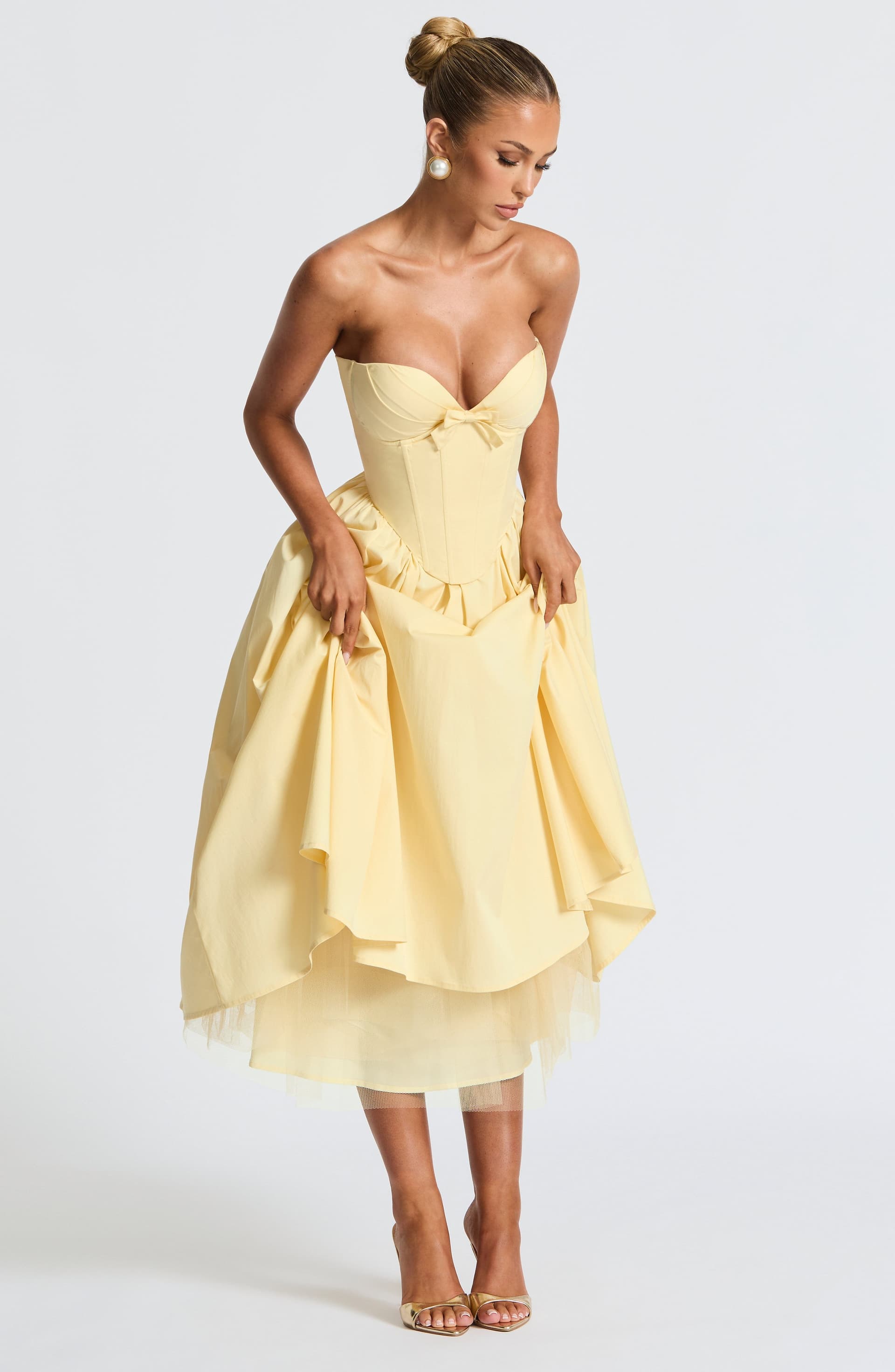 Prim Midi Dress Lemon Strapless Plunge Neckline Cotton Nylon