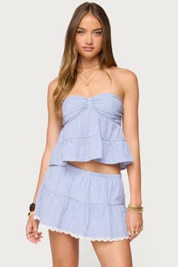 Dora Striped Linen Look Strapless Babydoll Top - Cotton Polyester