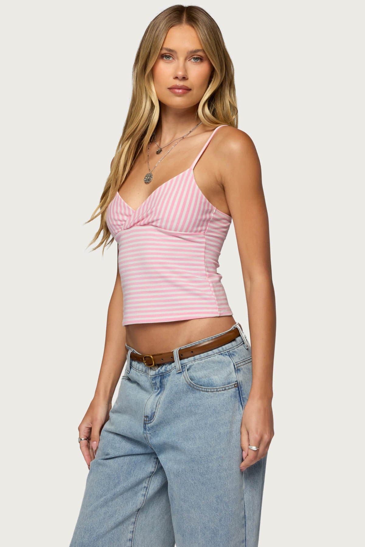 Emilea V-Neck Striped Tank Top with Adjustable Straps, Cotton Spandex