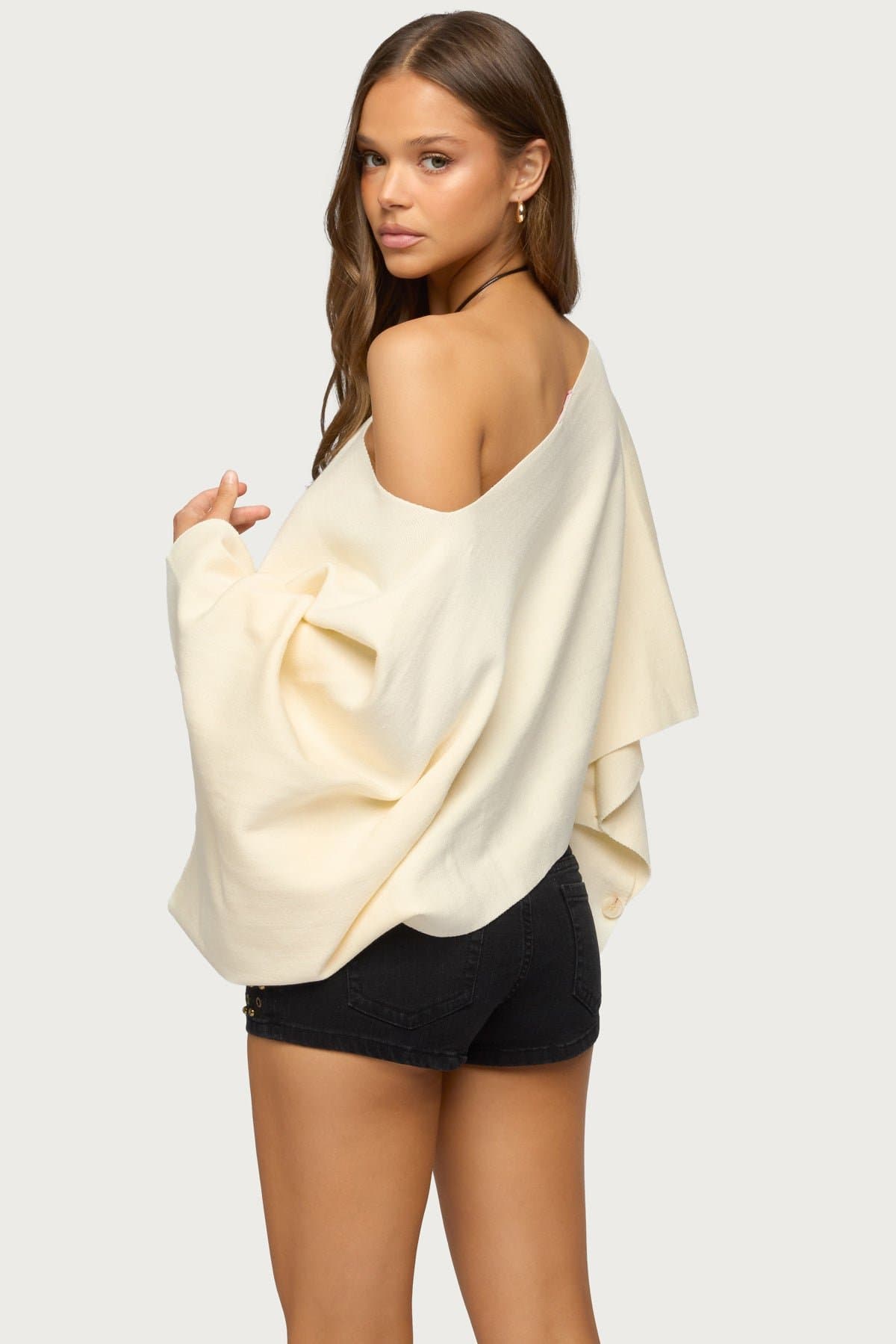 Sharla Off Shoulder Poncho Sweater - Rayon Polyester Nylon Knit