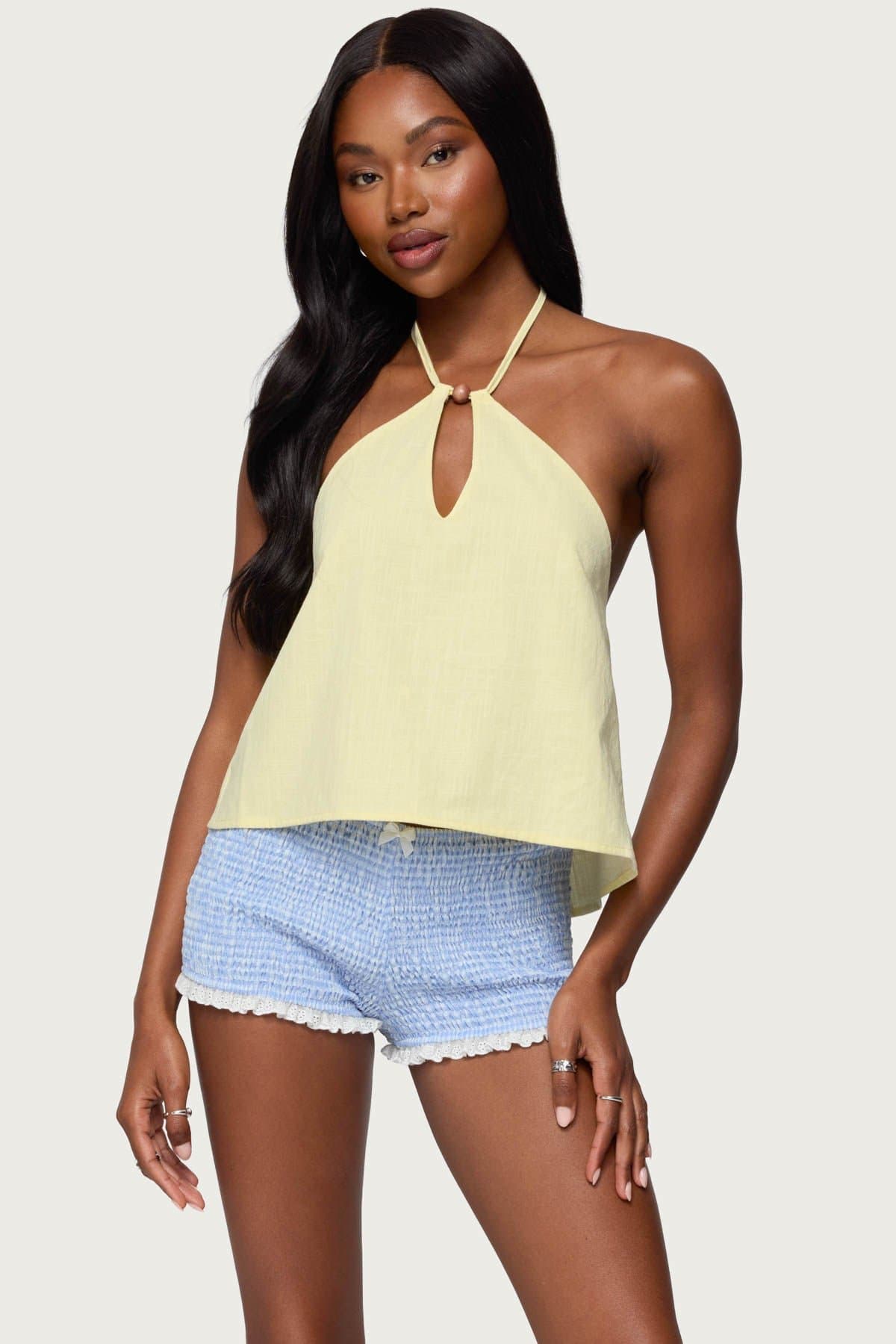 Oliviana Linen Look Halter Top - 100% Cotton with Cutout and Wood Bead Detail