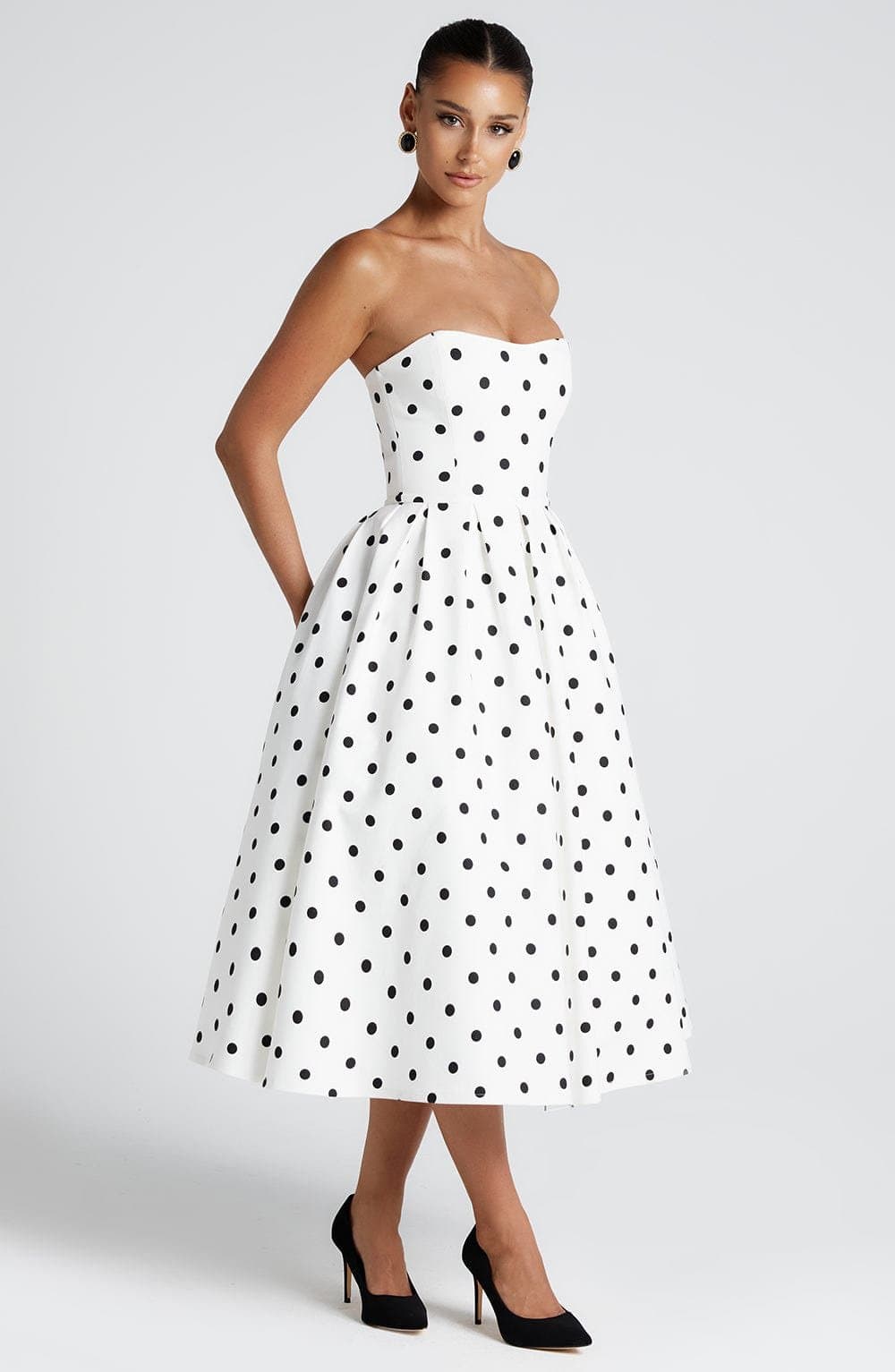Edith Midi Dress Black Polka Dot Print Stretch Bengaline Strapless