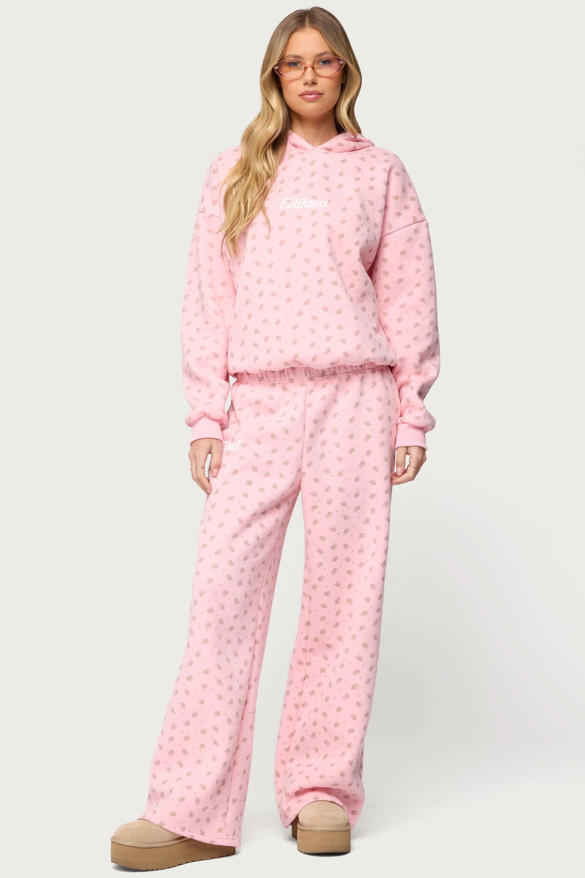 Flower Power Sweatpants - Floral Print Straight Leg Polyester Cotton Matching Set