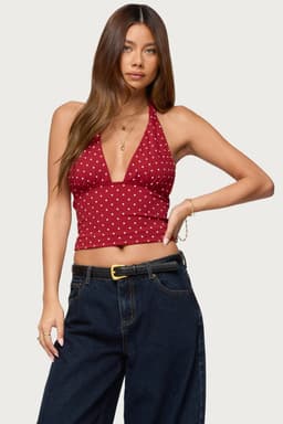 Blaire Polka Dot Halter Top with Neck Tie Closure and Plunging Neckline Polyester Spandex
