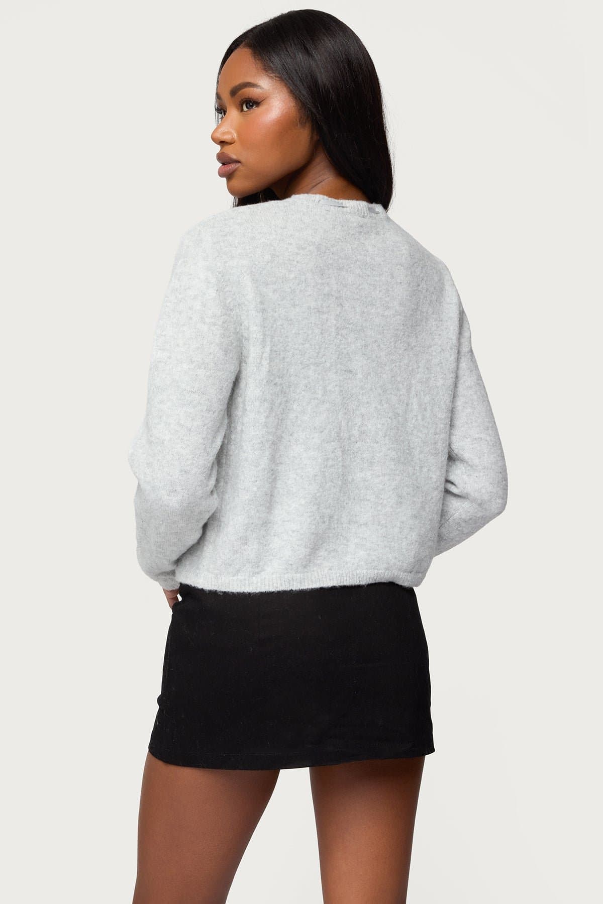 Vickie Ribbon Knit Cardigan - Polyester Acrylic Spandex Button Front with Ribbon Trim