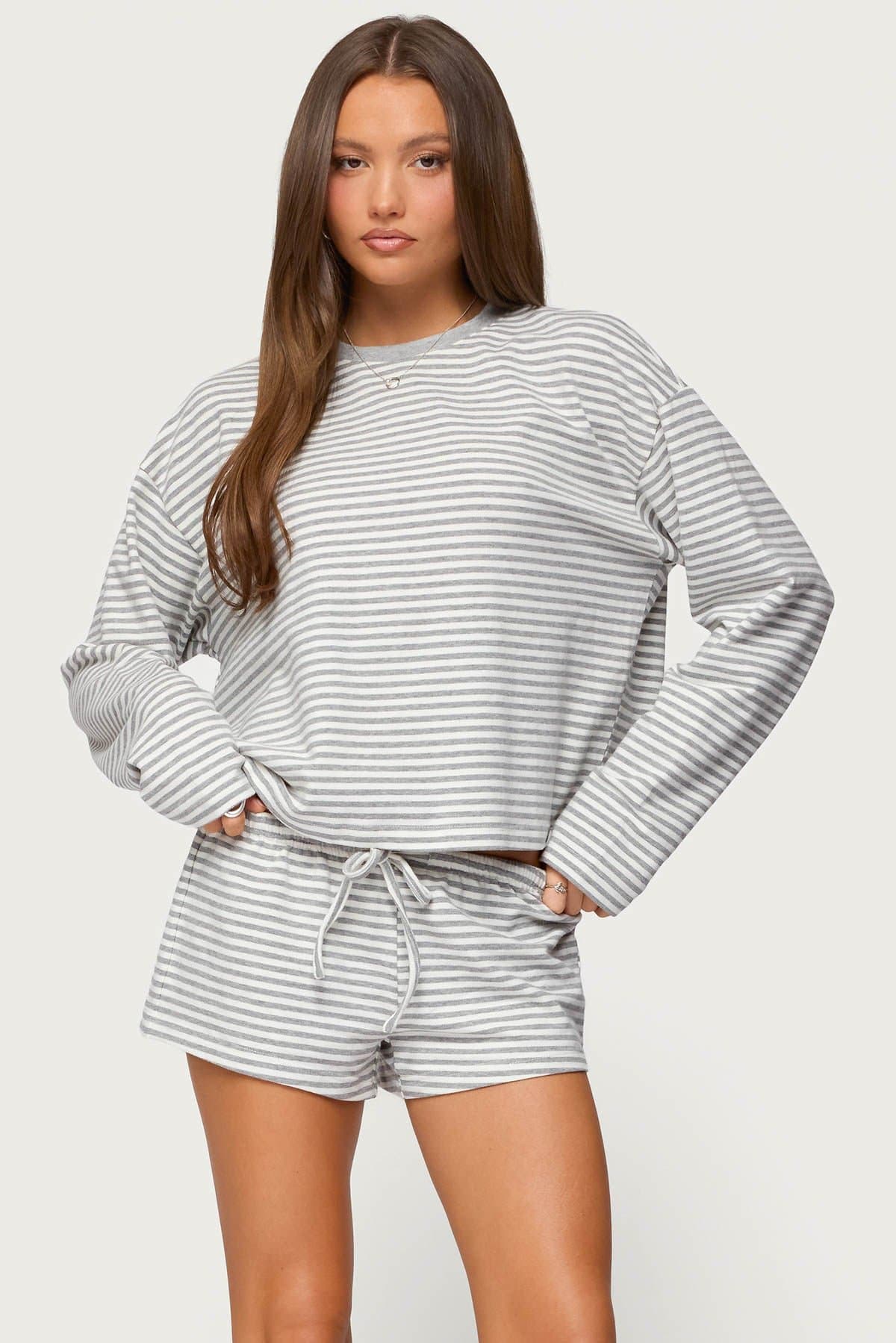 Jainee Striped Long Sleeve Oversized T-Shirt - Cotton Spandex Loungewear