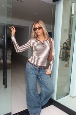 Roma Striped Henley Top - Long Sleeve Cotton Spandex Women's Shirt