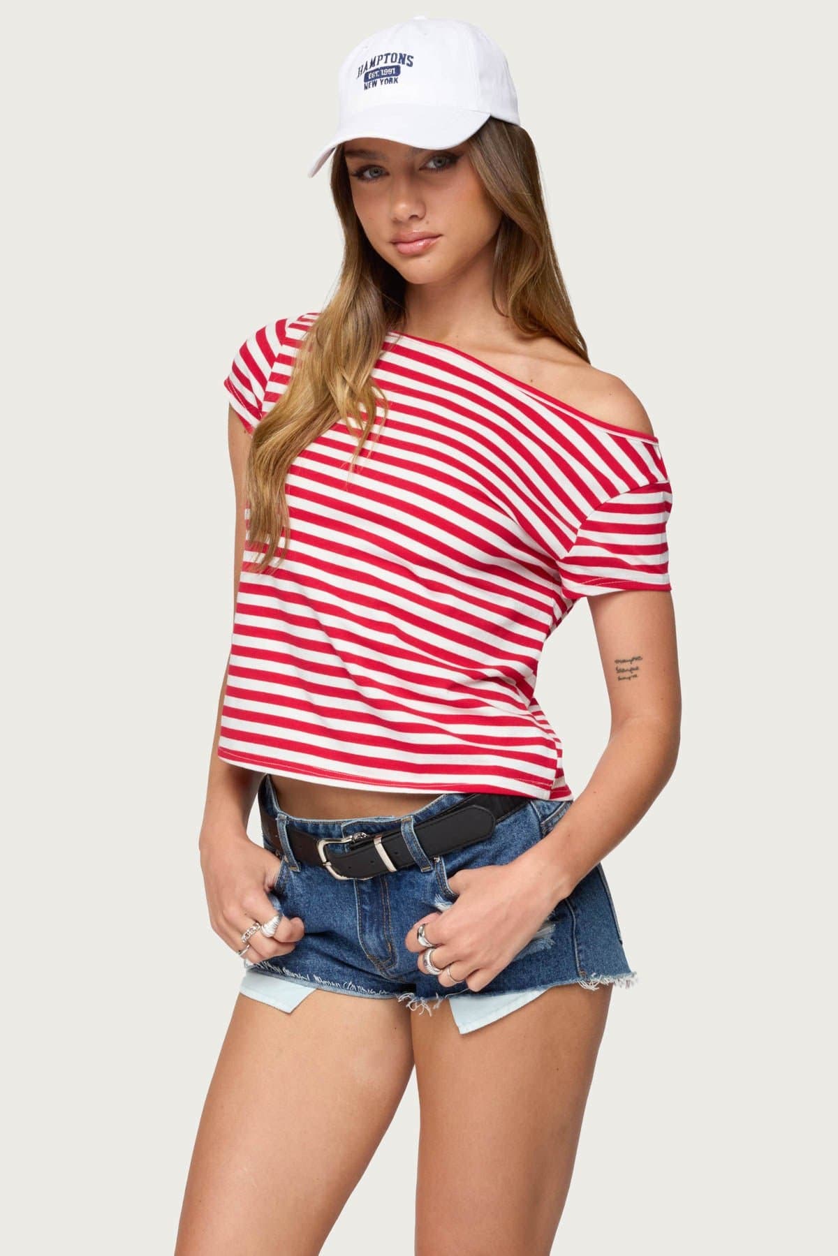 Aretha Striped Off Shoulder Top - Cotton Spandex Women's Blouse Size S