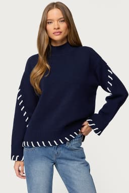 Indah Contrast Stitch Oversized Turtle Neck Acrylic Knit Sweater