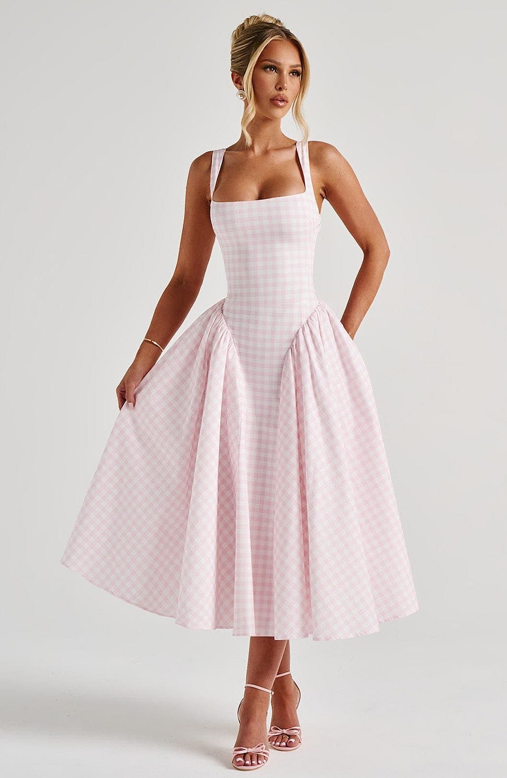 Sherrie Midi Dress Blush Gingham Print Cotton Nylon Elastane Voile Lace-Up Back
