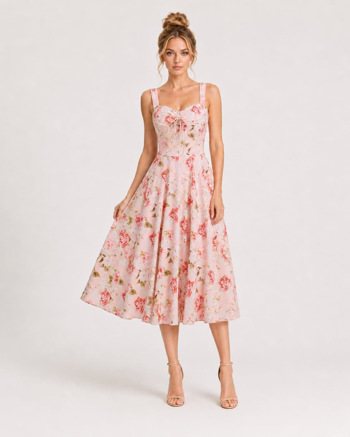 Women's Pink Rose Floral Midi Dress – Sweetheart Neck Ruched Tie Front Wide Strap Fitted Bodice Full A-Line Sundress