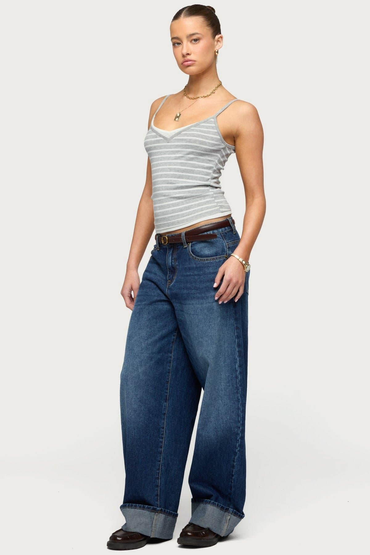 Layered Contrast Striped Tank Top with Adjustable Straps V-Neck Polyester Spandex