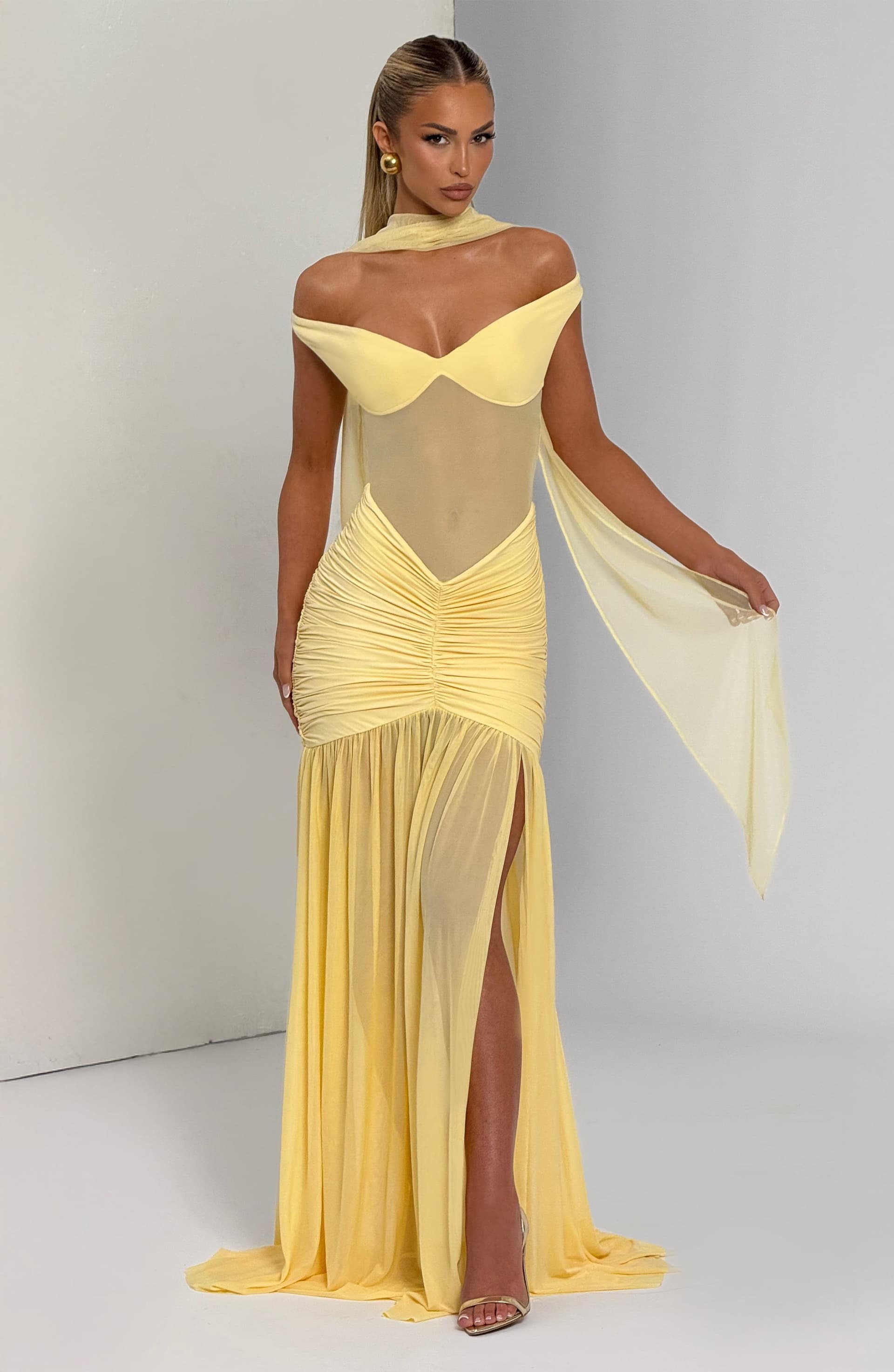 Alaia Maxi Dress in Lemon - Sheer Mesh Bodice, Bardot Neckline, Thigh-High Split