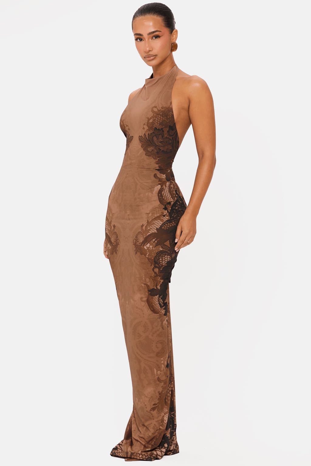 Allure High Neck Cowl Maxi Dress Brown Lace Print Polyamide Elastane