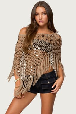 Fringe Sequin Crochet Poncho - Acrylic Fabric