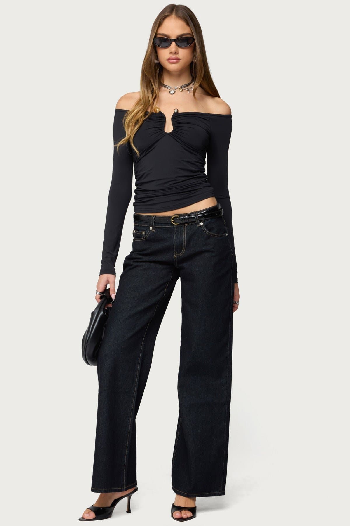 Halle Curved U Off Shoulder Long Sleeve Top - Polyester Spandex Ruched Bead Detail