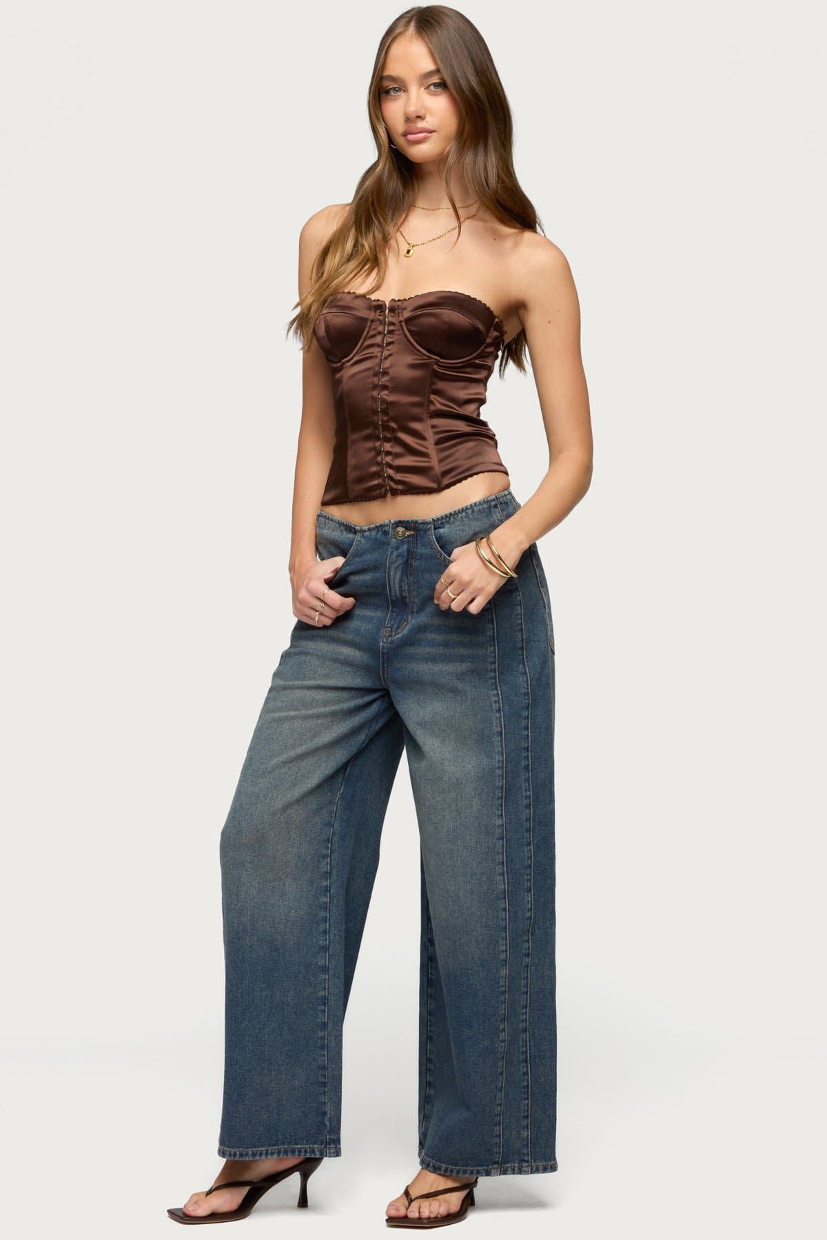 Alya Strapless Satin Effect Corset with Cupped Construction, Frill Trim, Side Zip