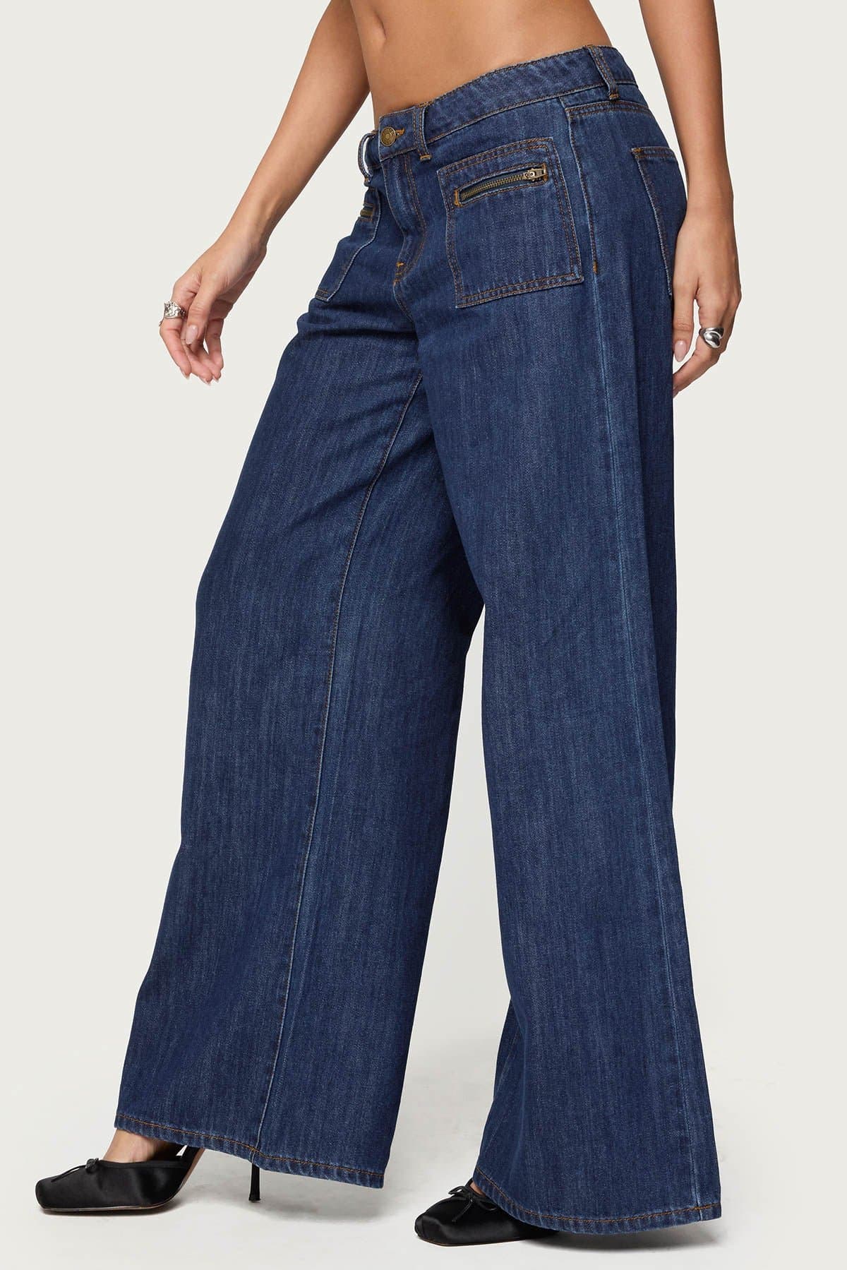 Jimena Low Rise Wide Leg Jeans in Rigid Cotton Denim