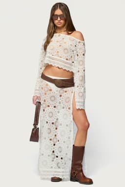 Milana Slit Sheer Lace Maxi Skirt - Scalloped Hem Polyester