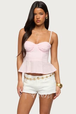 Peplum Linen Look Corset Top - Adjustable Straps, Ruched Bust, Side Zip, 100% Cotton