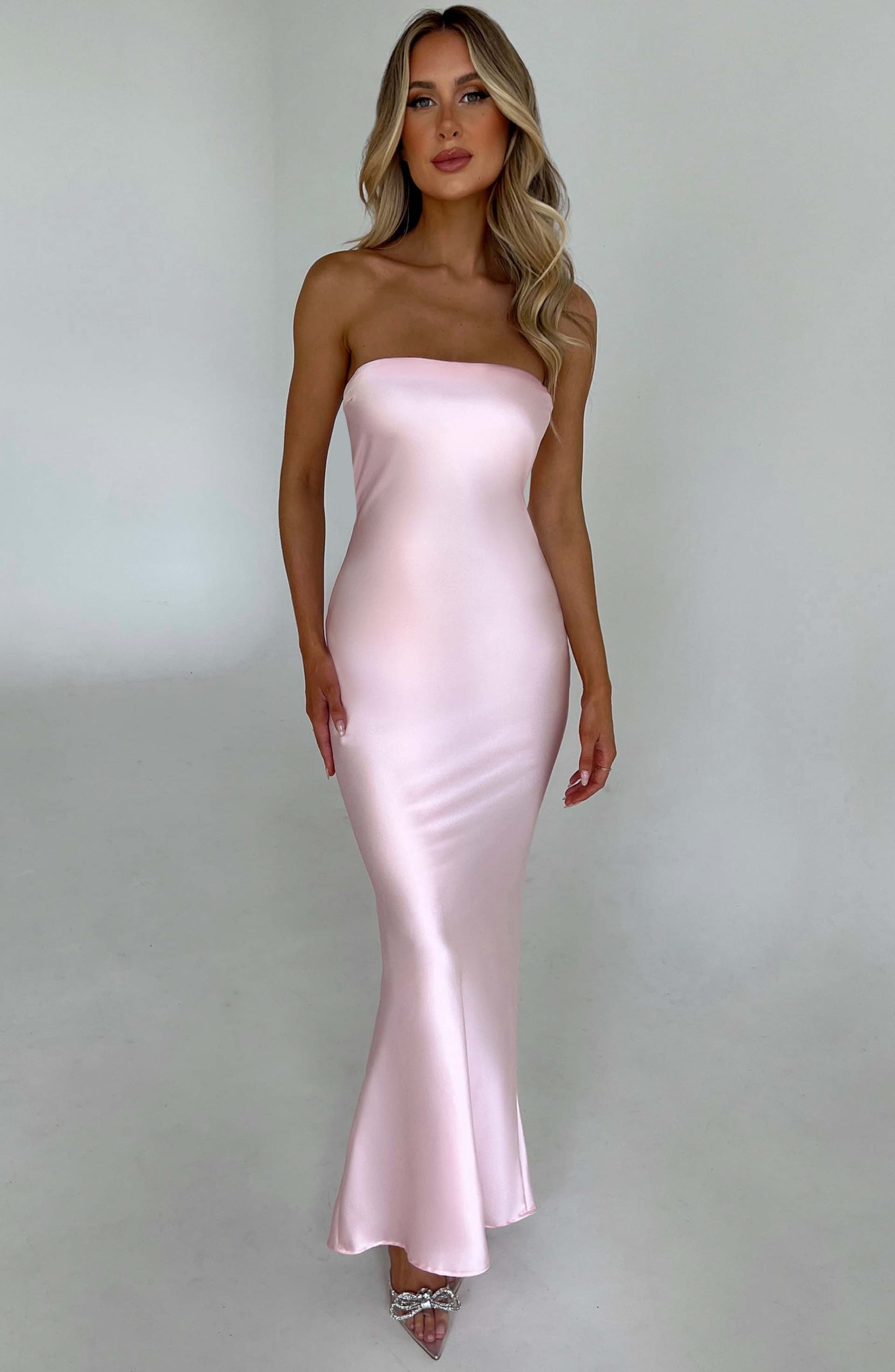 Rheanna Maxi Dress in Blush - Satin Bias Cut with Cowl Back