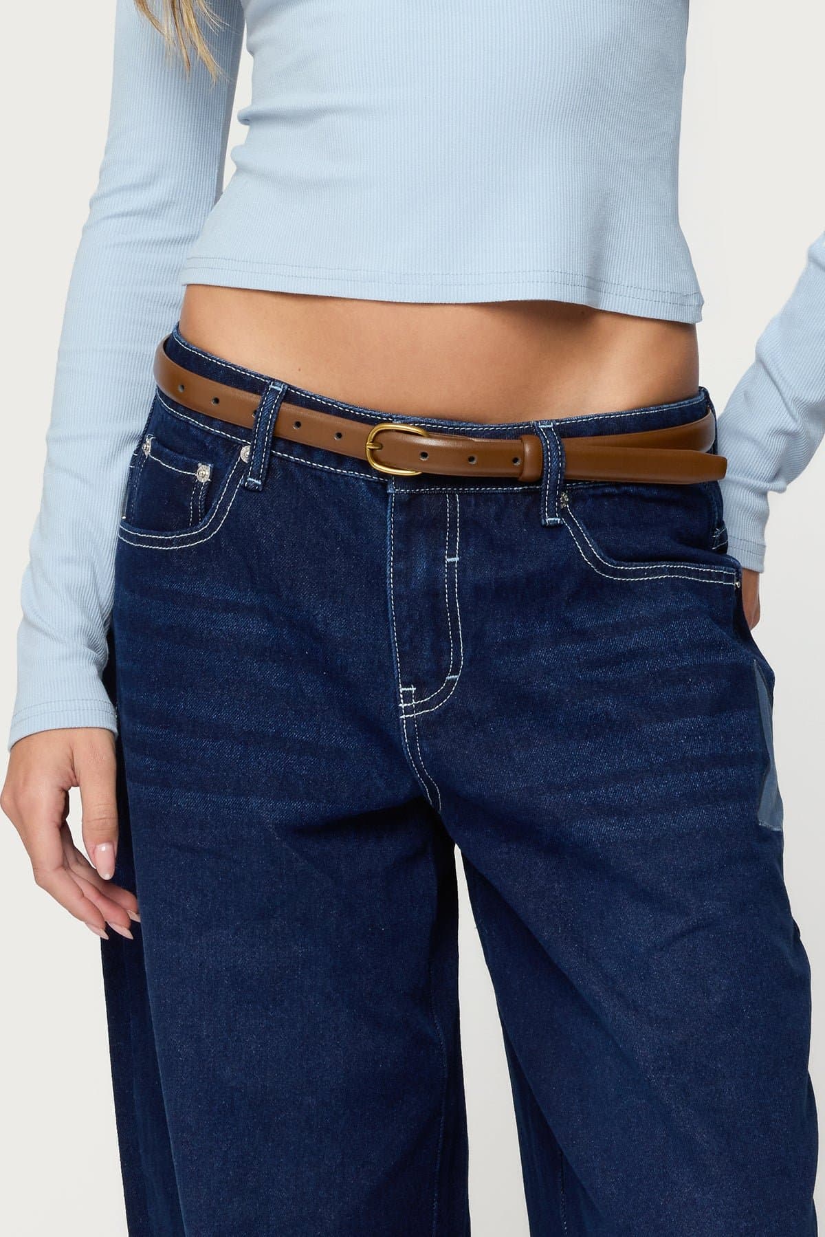 Oval Buckle Faux Leather Belt - Gold Tone Buckle, Polyurethane Rayon, 41.3 Inch Length