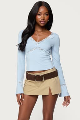 Mathilda Lacey Bell Sleeve Top - Long Sheer Lace V-Neck Rayon Spandex