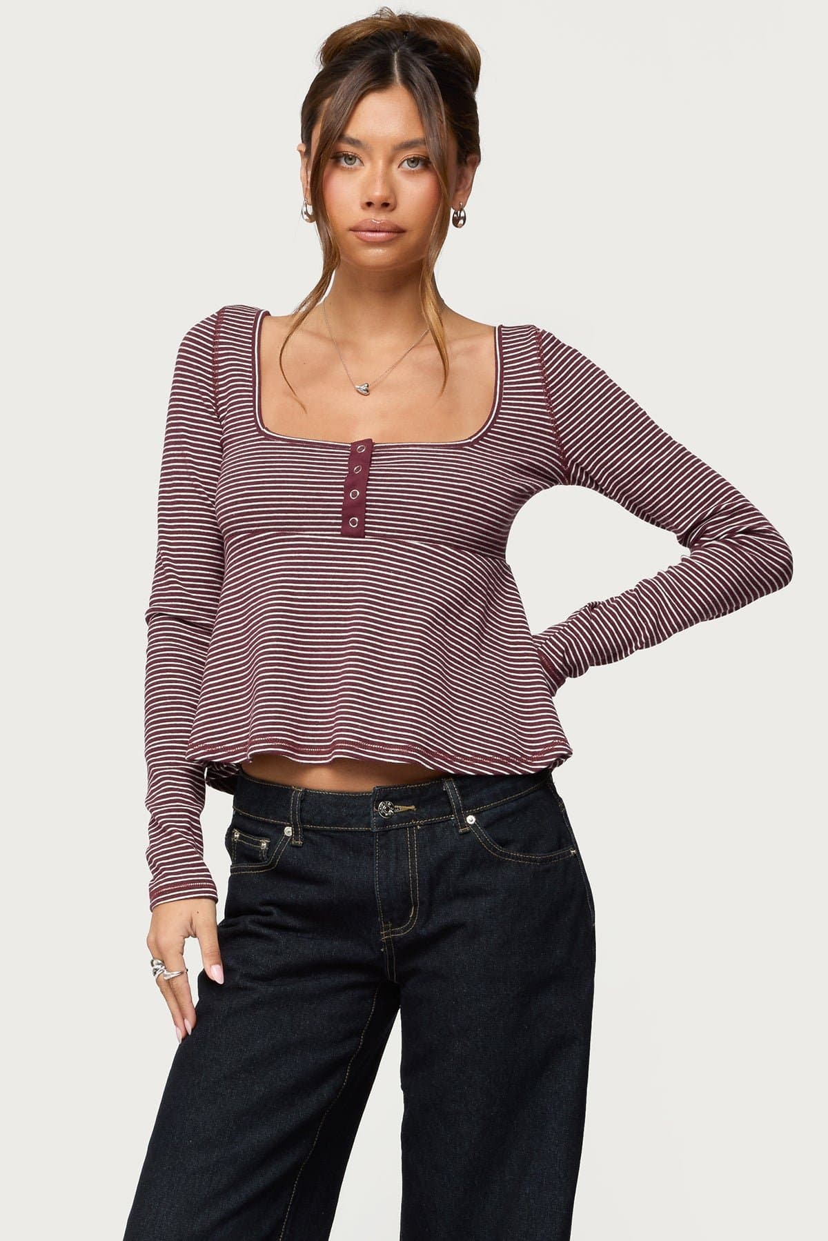 Sare Striped Babydoll Henley Top - Long Sleeve Square Neck Cotton Polyester Spandex