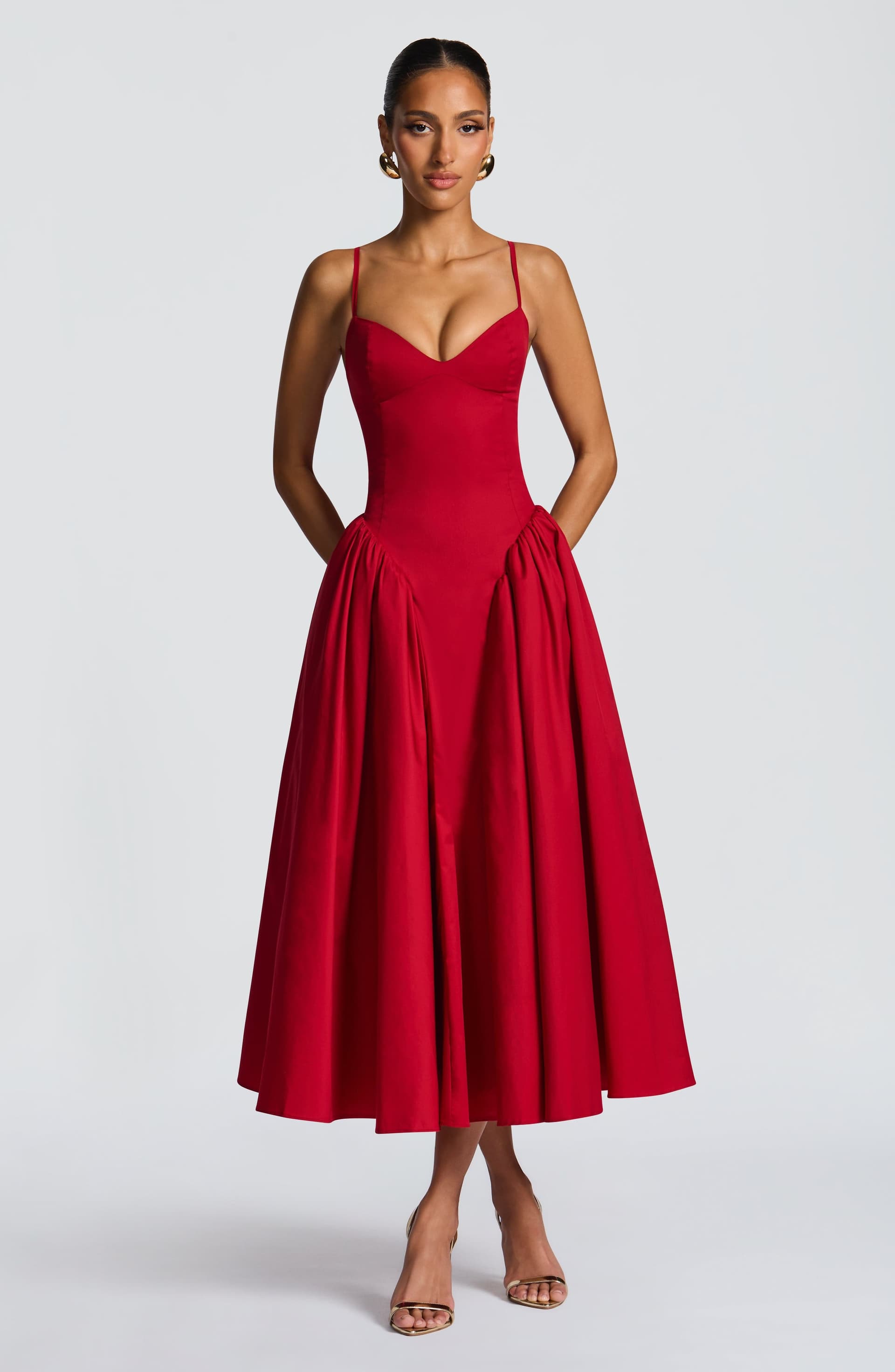 Emerson Midi Dress Red Sweetheart Neckline Lace-Up Back Dropped Waist