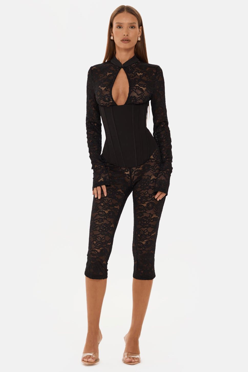 Jagger Long Sleeve Lace Capri Jumpsuit with High Neck and Corset Boning