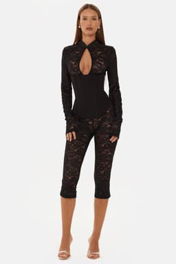 Jagger Long Sleeve Lace Capri Jumpsuit with High Neck and Corset Boning